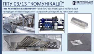Програма-передумова системи HACCP щодо комунікацій повинна забезпечити наявність всх необхідних комунікацій та порядок їх обслуговування: належний санітарний та технічний стан - СЕРТИФІКАНТ