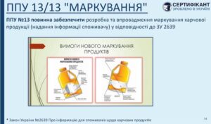 Програма-передумова системи HACCP щодо маркування повинна забезпечити розробка та впровадження маркування харчової продукції (надання інформації споживачу) у відповідності до ЗУ 2639 - СЕРТИФІКАНТ
